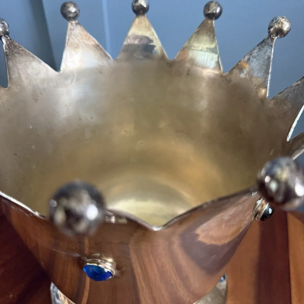 Vintage Jeweled Crown Ice Bucket Silver Plate Mid Century Barware Carnival Queen